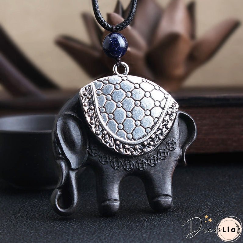 Versatile ethnic style retro black sandalwood elephant pendant with simple wax rope pendant