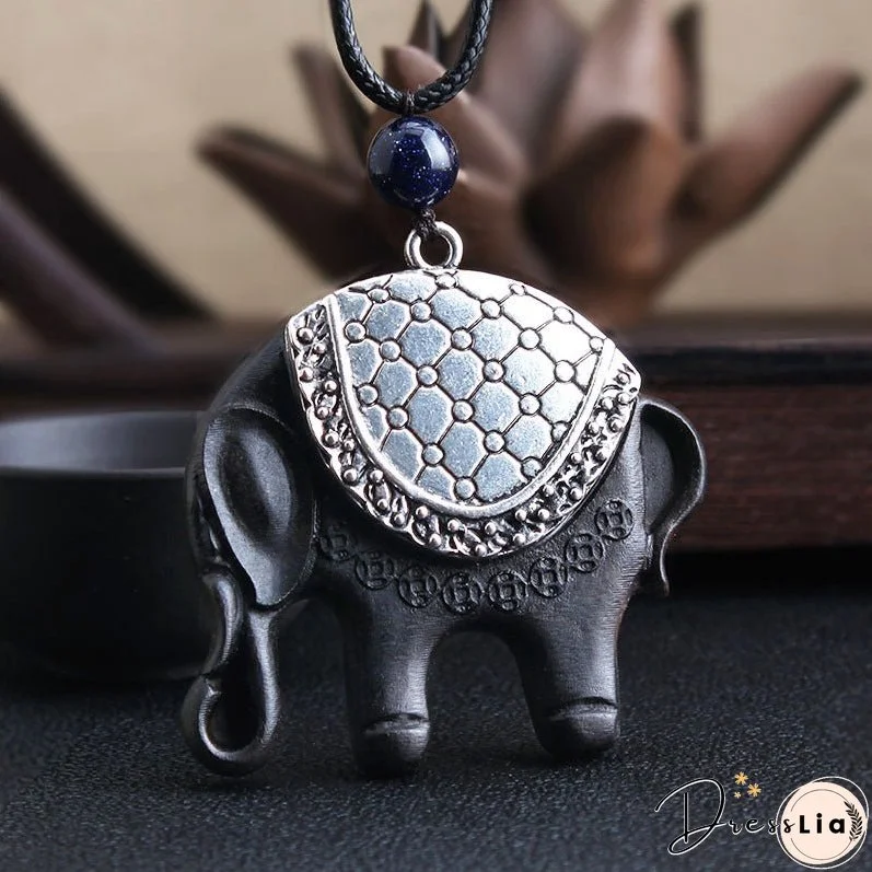 Versatile ethnic style retro black sandalwood elephant pendant with simple wax rope pendant