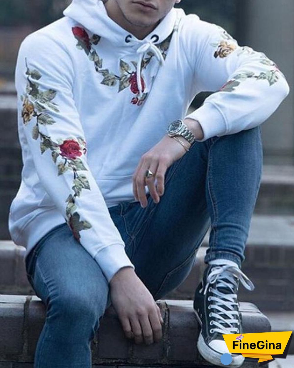 Fashion Mens Floral Embroidery Sweatshirts Hoodie
