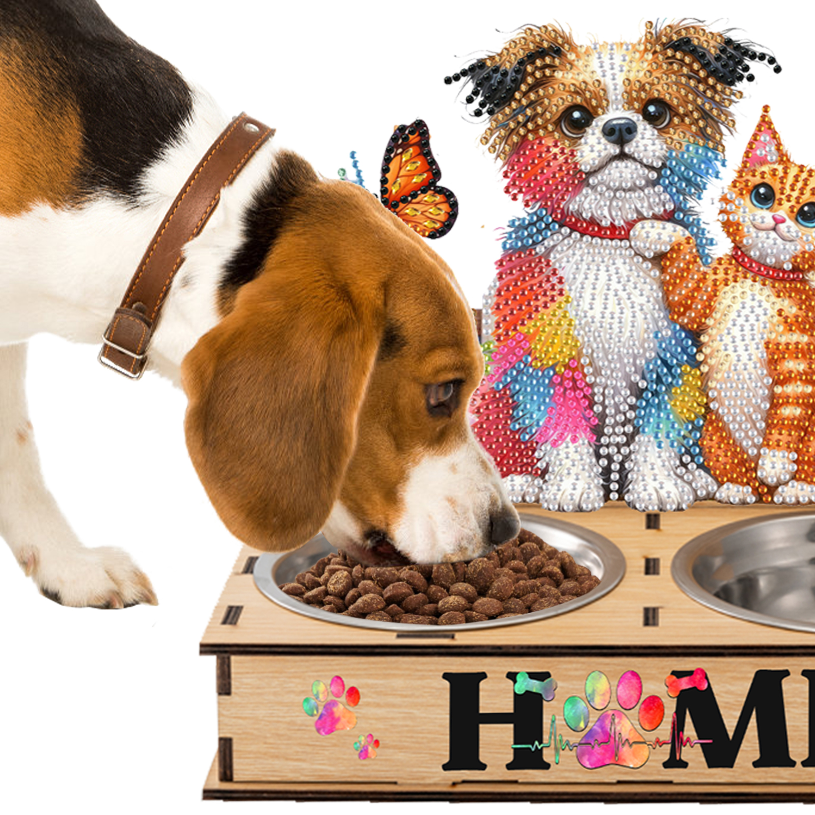 Diamond Painting Food Bowl with Wood Stand Diamond Art Dog Bowl for Small Dogs
