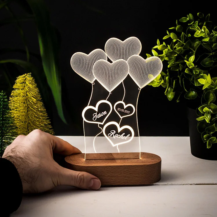 Personalized 3D Illusion Lamp Night Light Heart Gift for Her