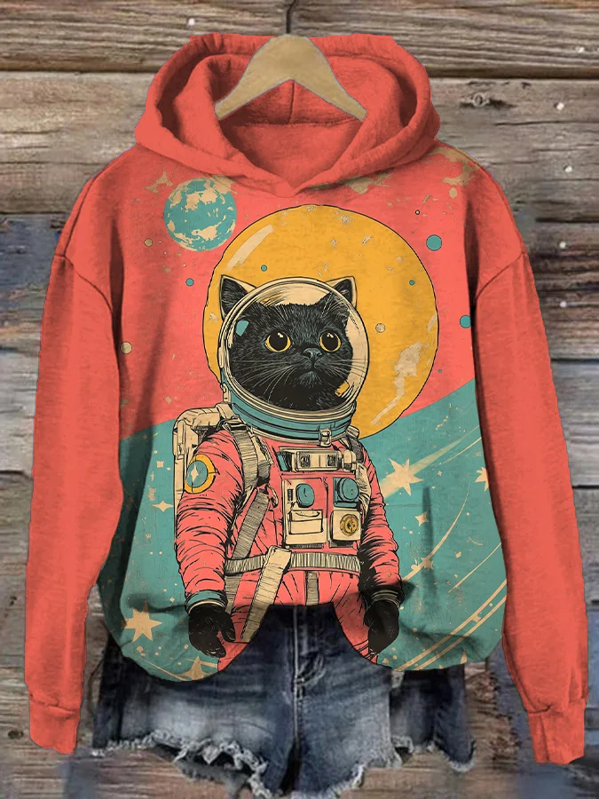 Women's Black Cat Astronaut Color Block Art Print Hoodie