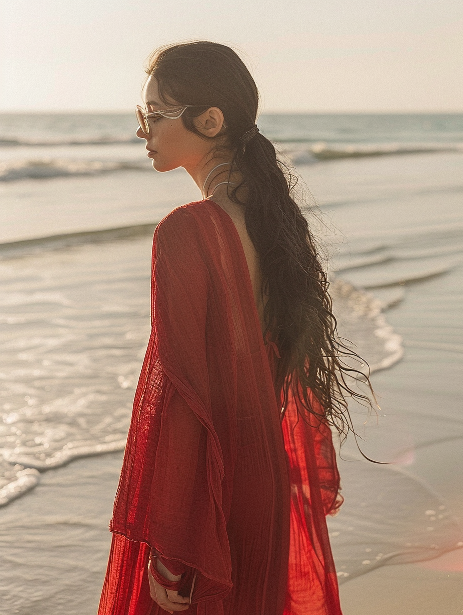 Caftan Kimono Solid Red Color Beach V-Neck Kaftan Dress