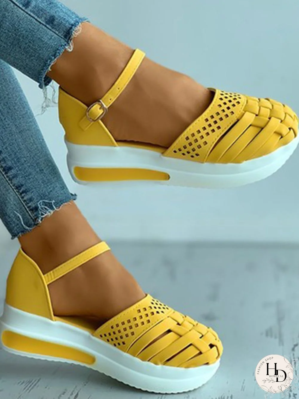 Braided Breathable Cutout Toe Platform Buckle Sandals