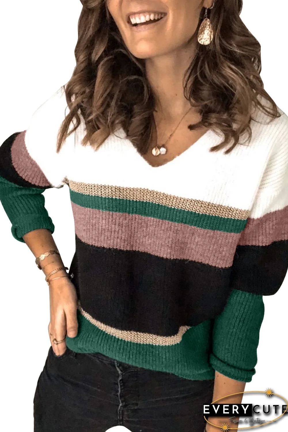 Green Casual Color-Block Striped Long Sleeve V Neck Sweater