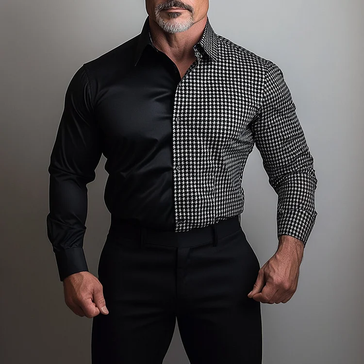 Men's Turndown Collar Houndstooth Patchwork Long Sleeve Shirt