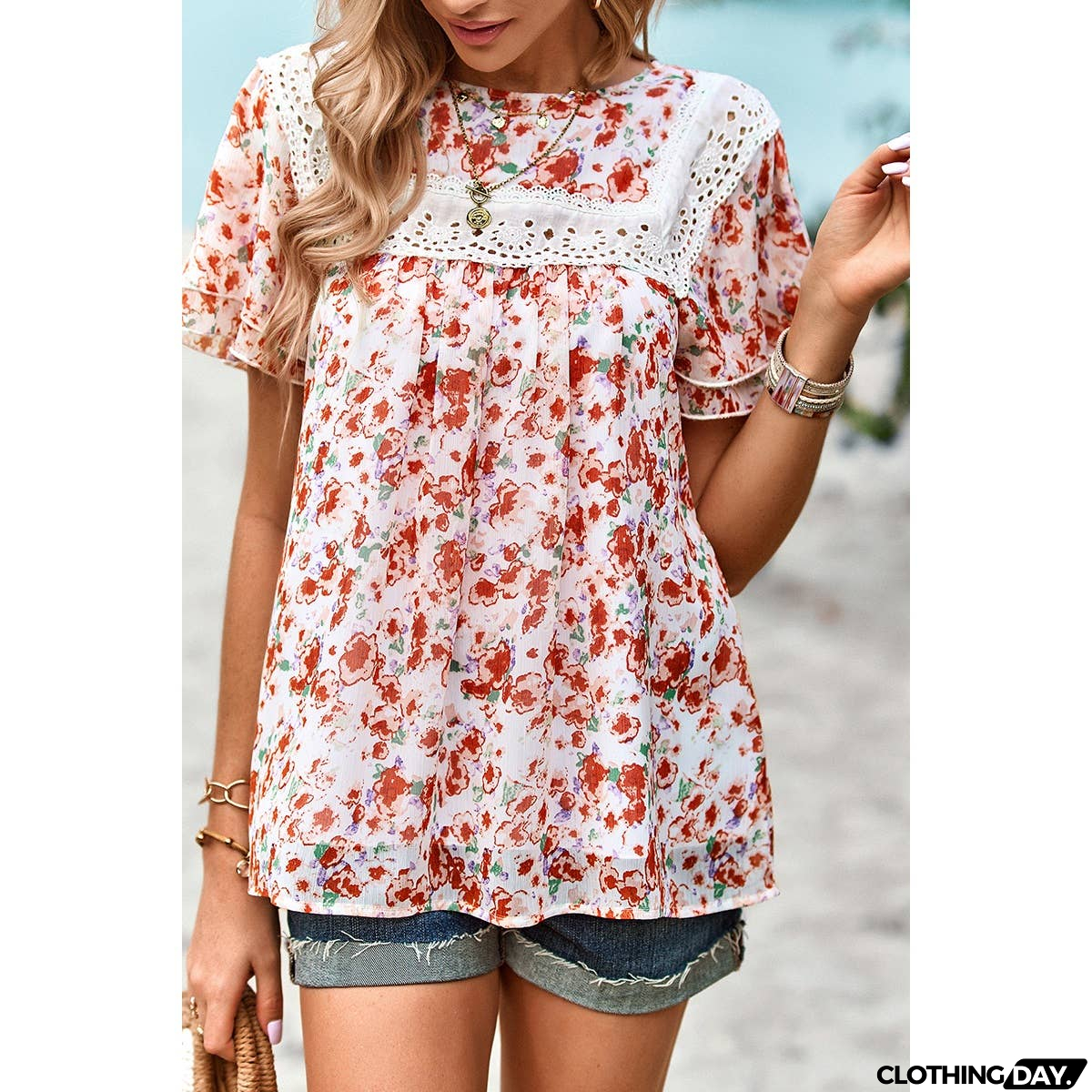 Floral Lace Round Neck Ruffle Loose Fit Top
