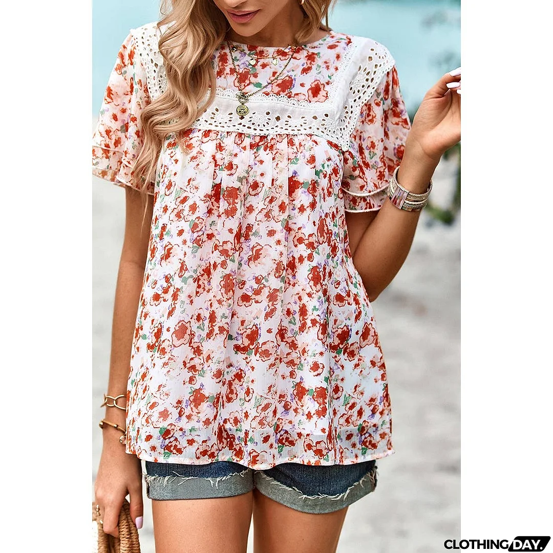 Floral Lace Round Neck Ruffle Loose Fit Top