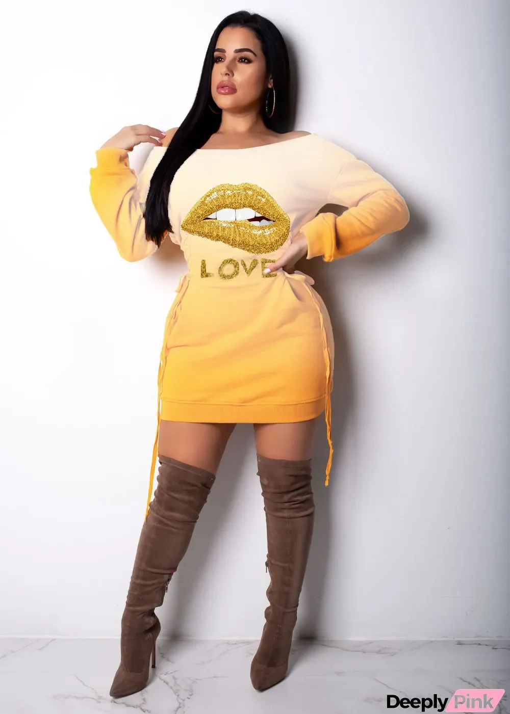 Plus Size Lips Print Gradient Long Sleeve Mini Dress