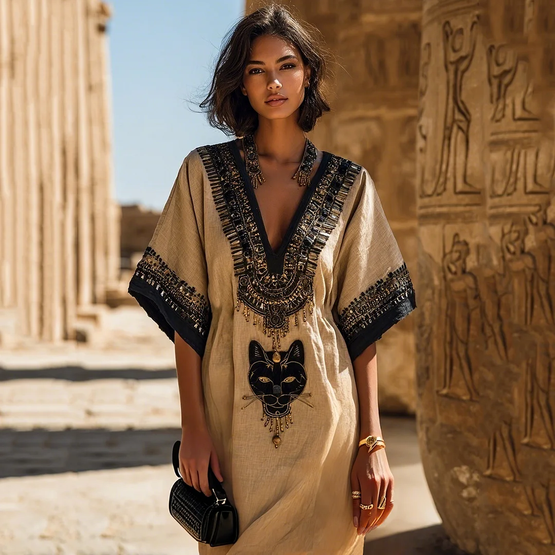 Women's Egyptian Black Cat Art Casual V Neck Linen Maxi Dress