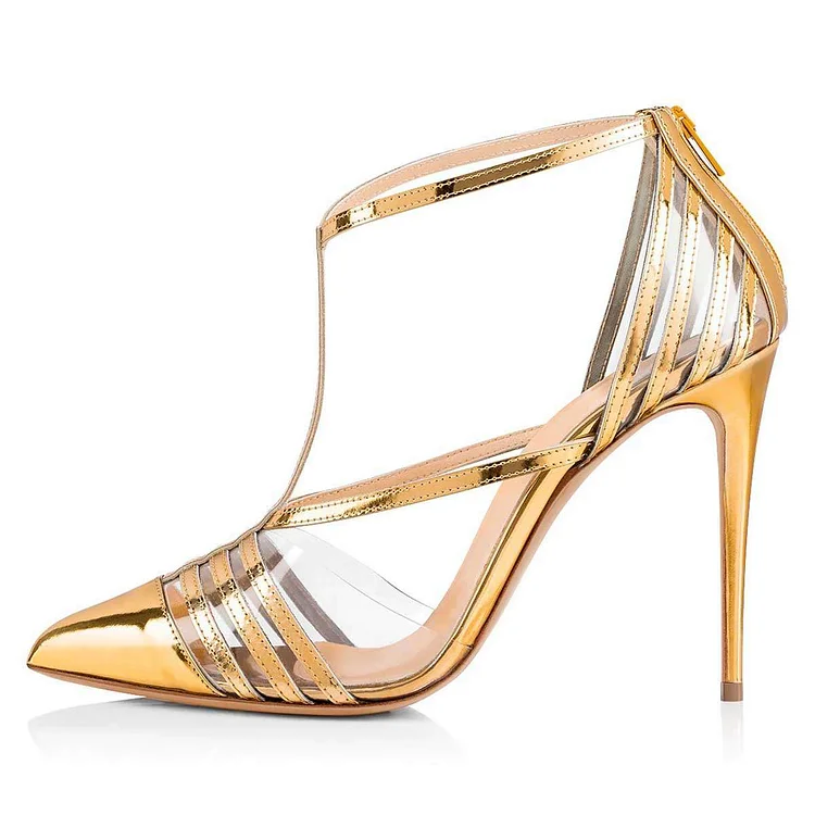 Gold Clear PVC T Strap Pumps with Heels Vdcoo