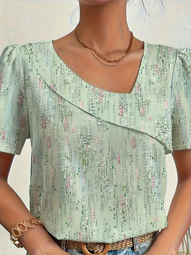 Women's Elegant V-Neck Short-Sleeve Top Shirts Women's Fashion Printed To