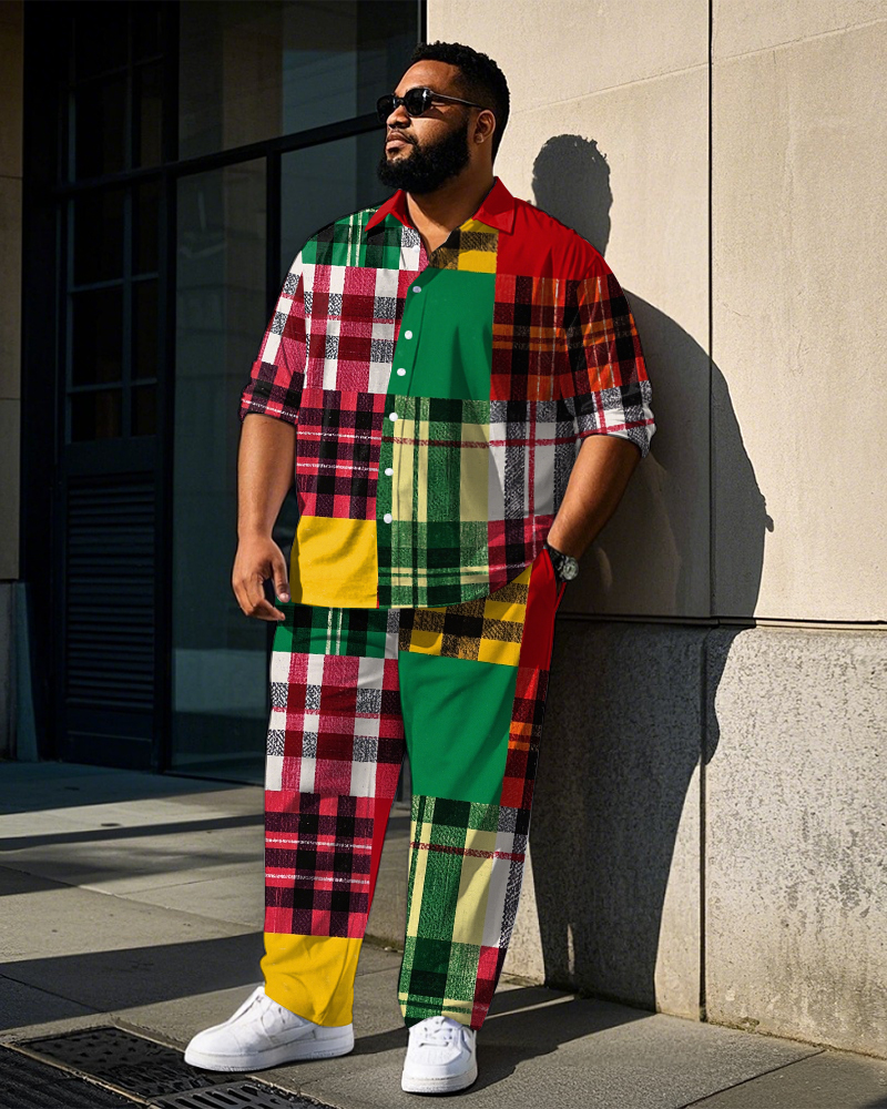 Big Men's Colorful Plaid Splicing Style Daily Casual Long Sleeve Shirt Pants Set
