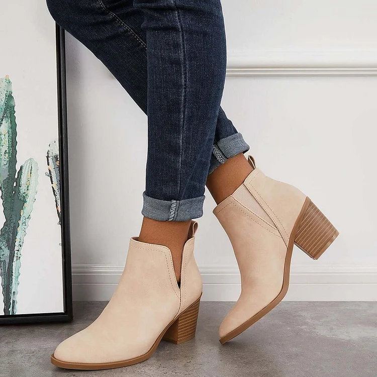 Cutout Western Ankle Cowboy Boots Chunky Stacked Heel Booties