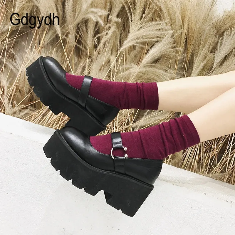 Gdgydh Spring Autumn Chunky Heel Vintage Lolita Shoes Women Platform Shoes Mary Jane Buckle Strap School Shoes For Girls Black