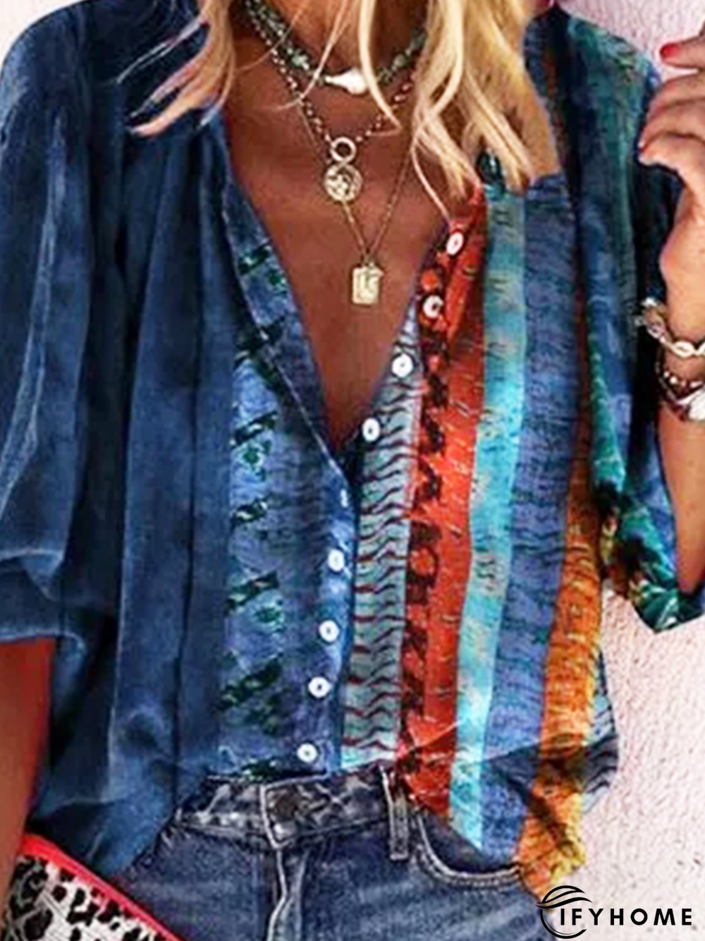 Hippie Colorblock V-Neck Half Sleeve Casual Shirt | IFYHOME