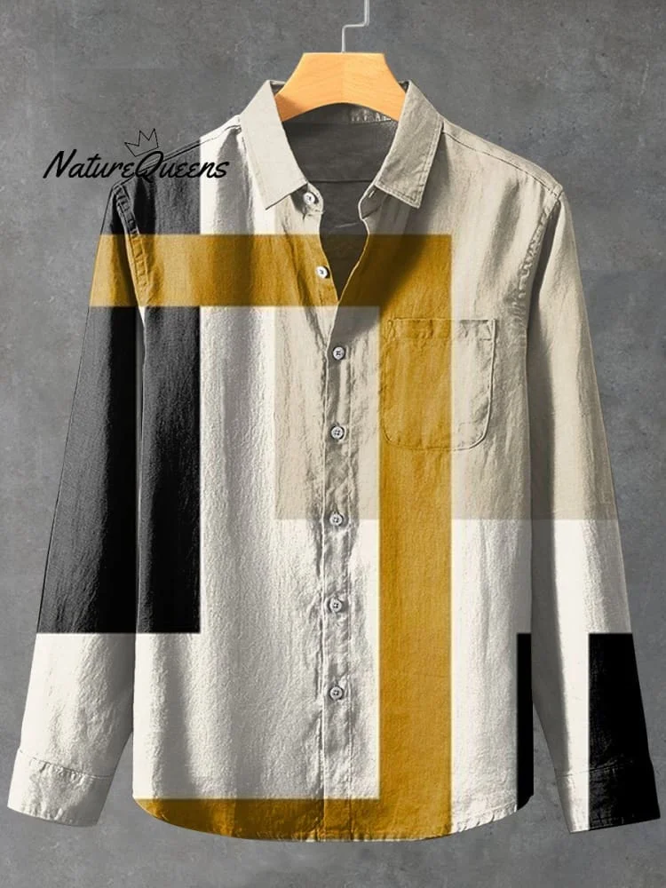 Irregular Geometry Vintage Stripe Print 100% Cotton Long Sleeve Shirt
