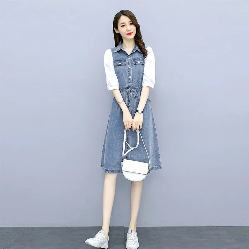 Tlbang Women Denim Dress Turn Down Collar Half Sleeve Drawstring Stitching Dresses Fashion Female Loose Midi Length Dress