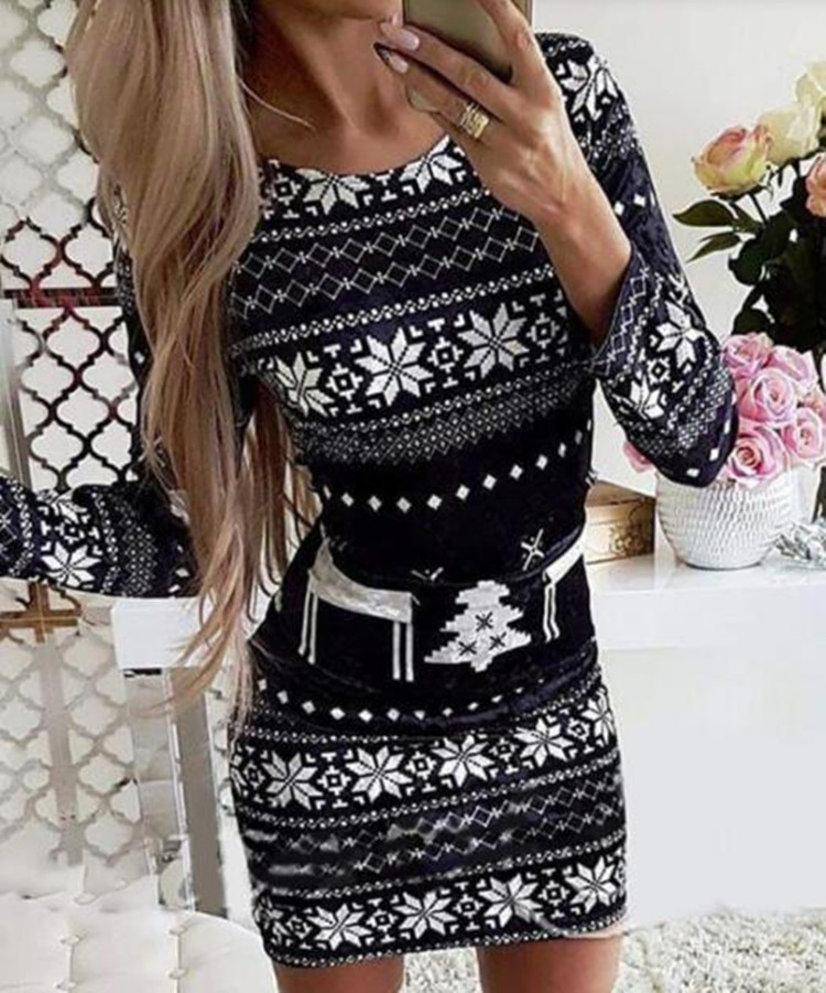 Christmas Clothes O-Neck Long Sleeve Snowflake Print Bodycon Party Mini Dress
