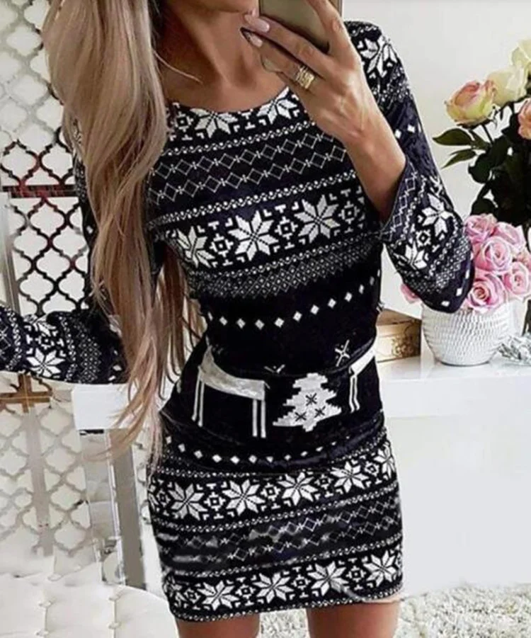 Christmas Clothes O-Neck Long Sleeve Snowflake Print Bodycon Party Mini Dress