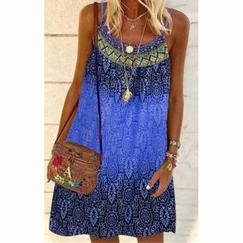 Women Summer Dress 2022 Bohemian Printed Casual Loose Sleeveless Sling Dresses Female Holiday Plus Size A-Line Mini Vestidos