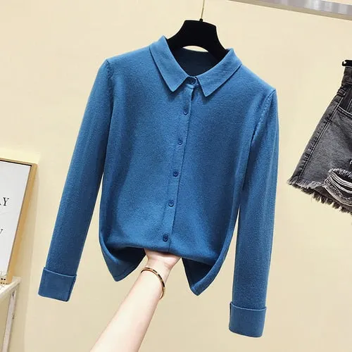 Spring Autumn Long Sleeve Single Breasted Women Sweater Polo Collar Knitted Cardigan Loose Lazy Lapel Bottoming Shirt Coat 11181
