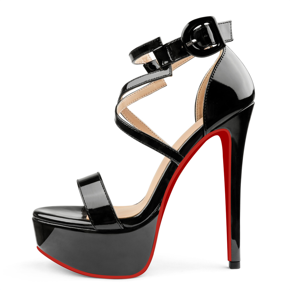150mm Women's Open Toe Platform Sandals Ankle Strap High Heel Patent Red Bottom Summer Shoes-MERUMOTE