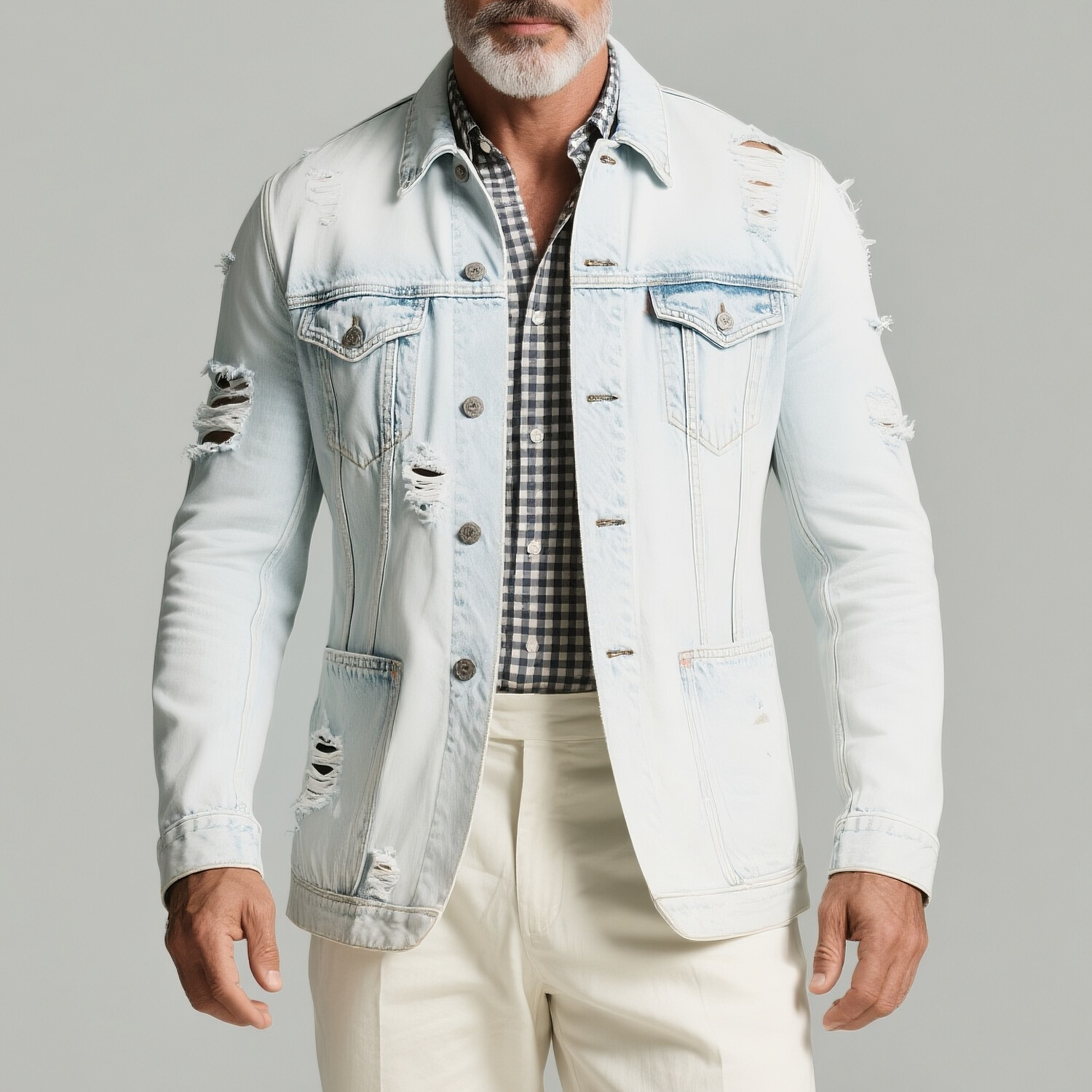 Men's Casual Shirt Collar Flap Pocket Button Long Sleeve Ripped Distressed Denim Jacket