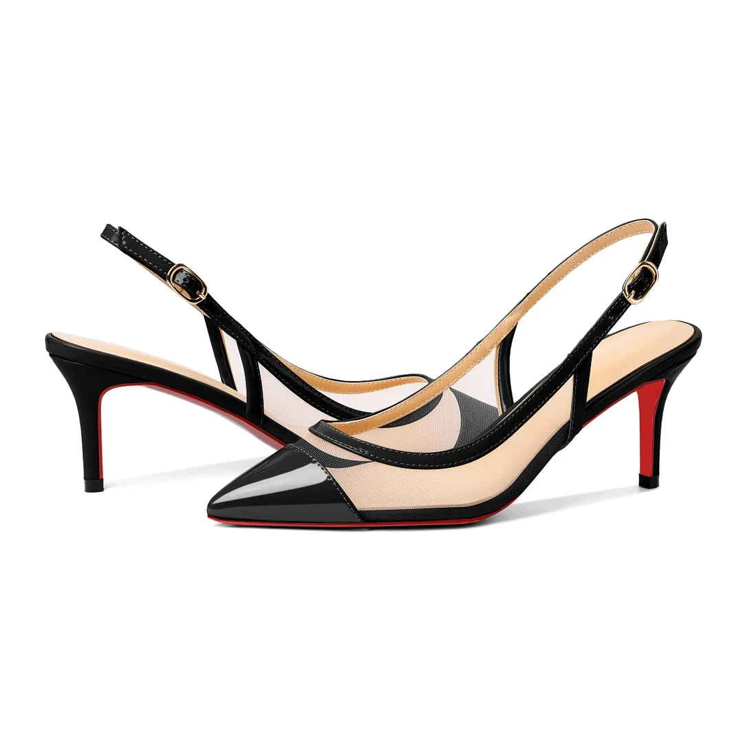 65mm Women's Pointed Toe Kitten Heel Ankle Buckle Pumps Mesh Red Bottom Patent Shoes-MERUMOTE