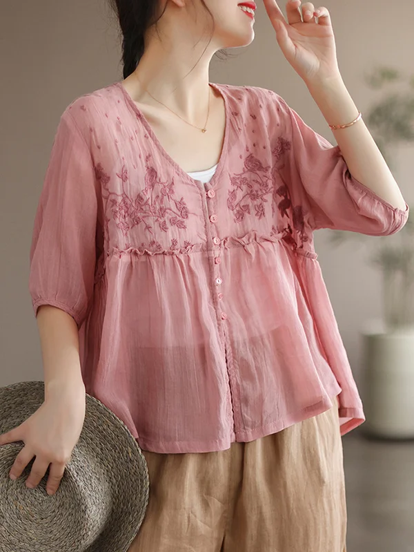 Artistic Retro Vintage Ramie Embroidered Falbala Blouse Top