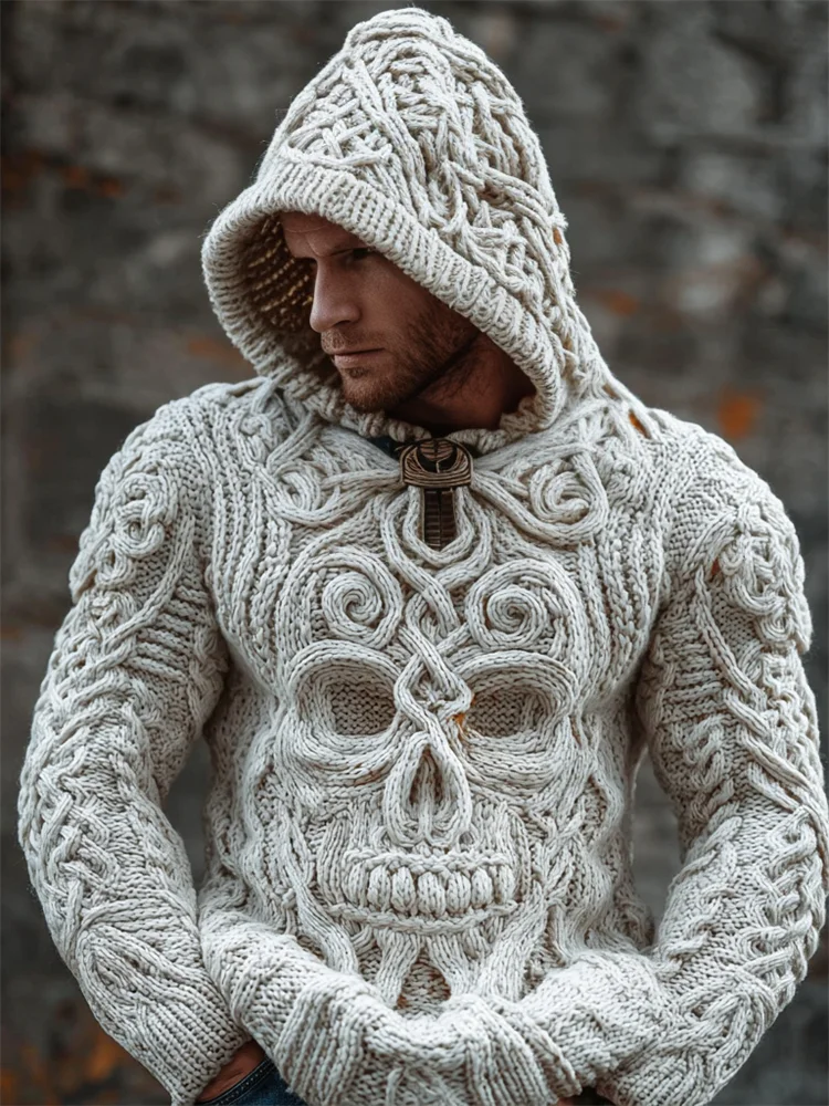 Men's Vintage Celtic Skull Chunky Cozy Knit Hooded Sweater