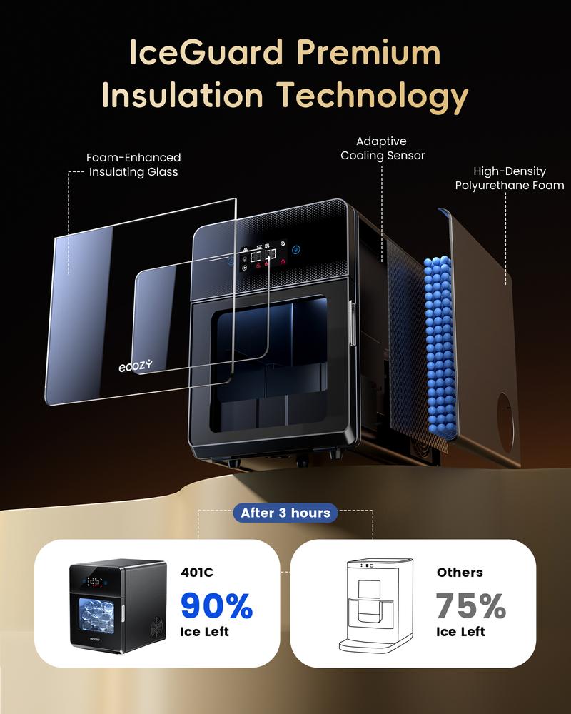 Product Introduction of ecozy 2" Clear Ice Ball Maker with CrystalFlux Technology Fastest 40 Min Production 144 Ice Balls Per Day Sphere Ice Maker with Enhanced Insulation Automatic Water Supply Self-Cleaning for Whiskey Bourbon Appliances IcemakermMachine 12