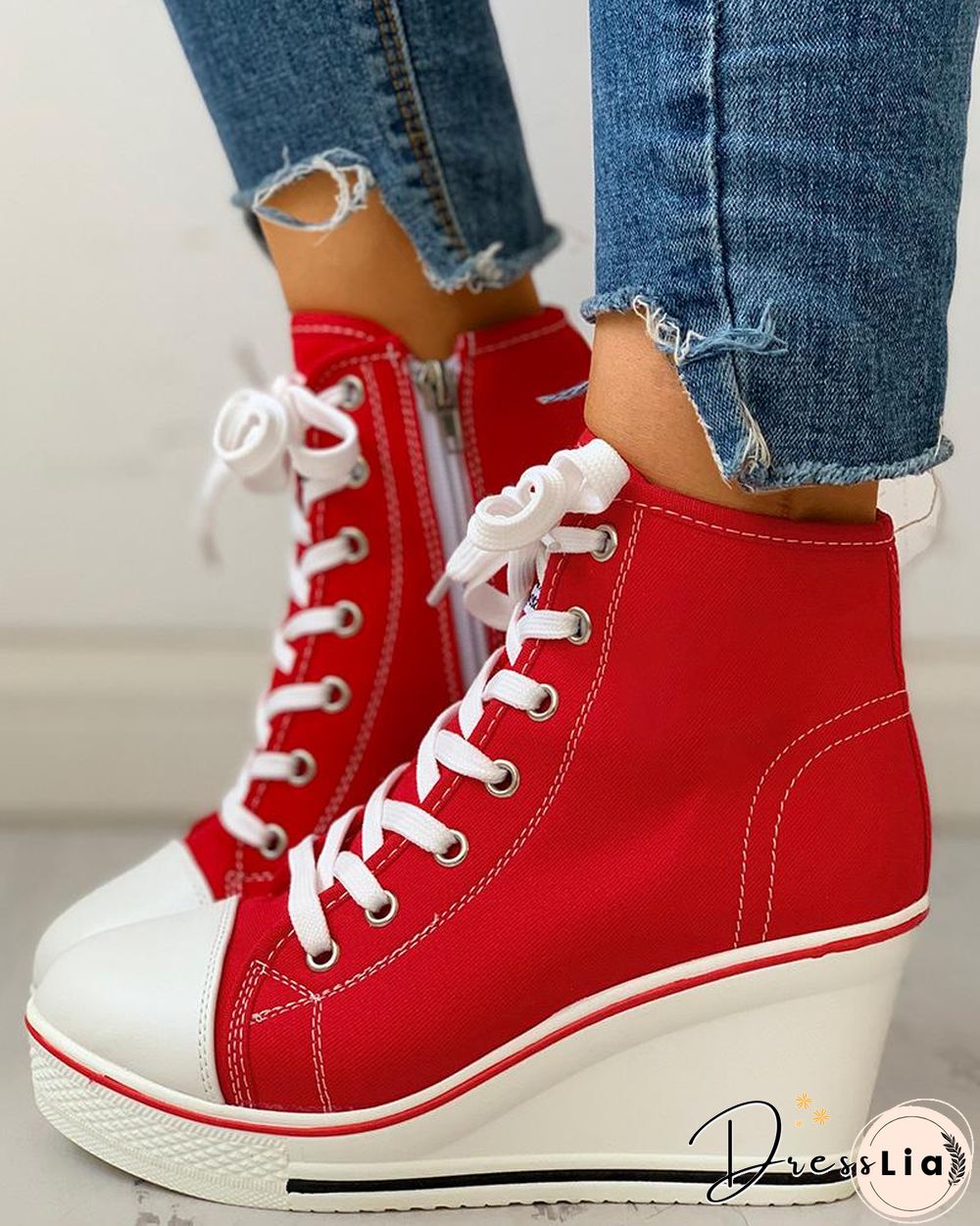 Eyelet Lace-Up Platform Wedge Sneakers