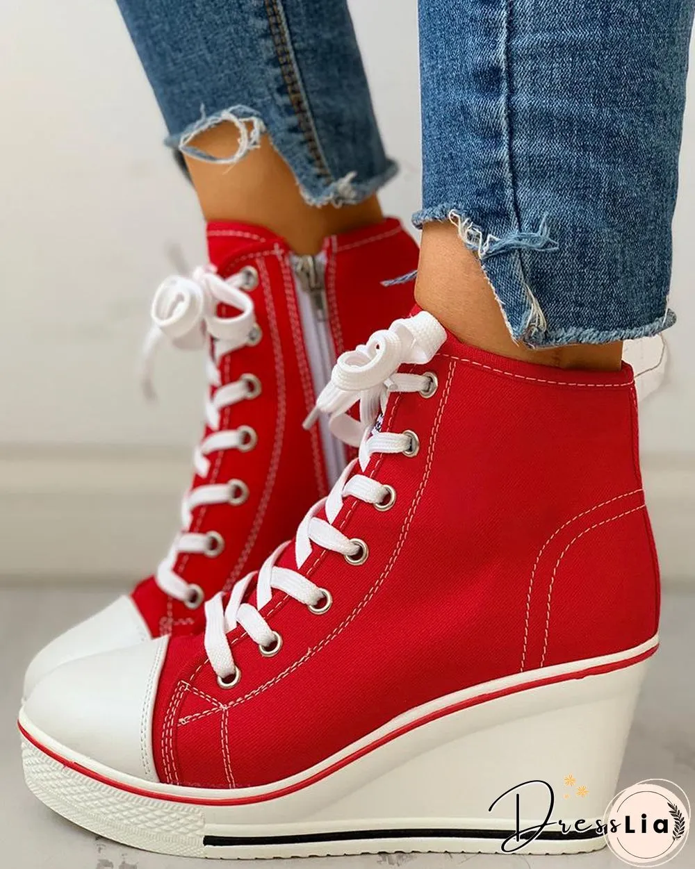 Eyelet Lace-Up Platform Wedge Sneakers