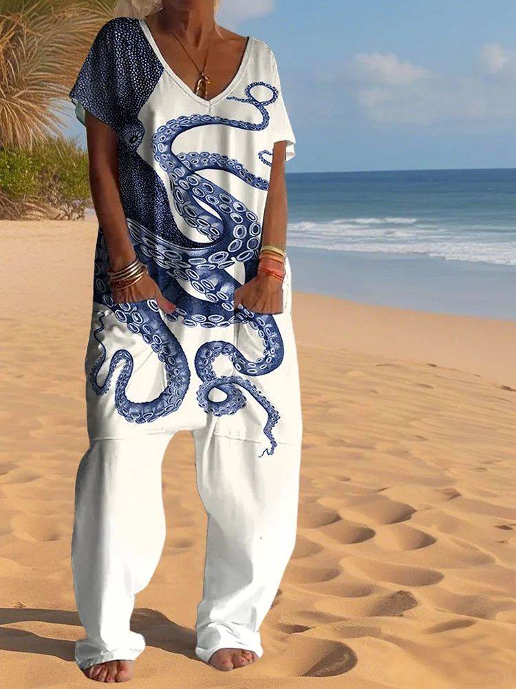 Casual Octopus Art Print V Neck Jumpsuit