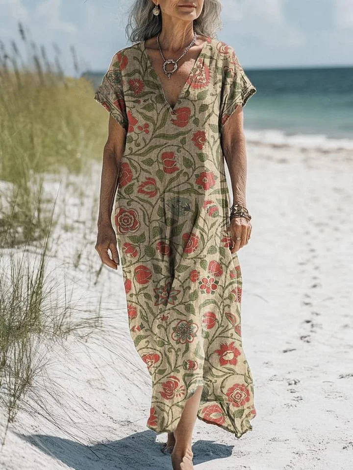 Vintage Floral Pattern Printed Women's Pocket Cotton Dress