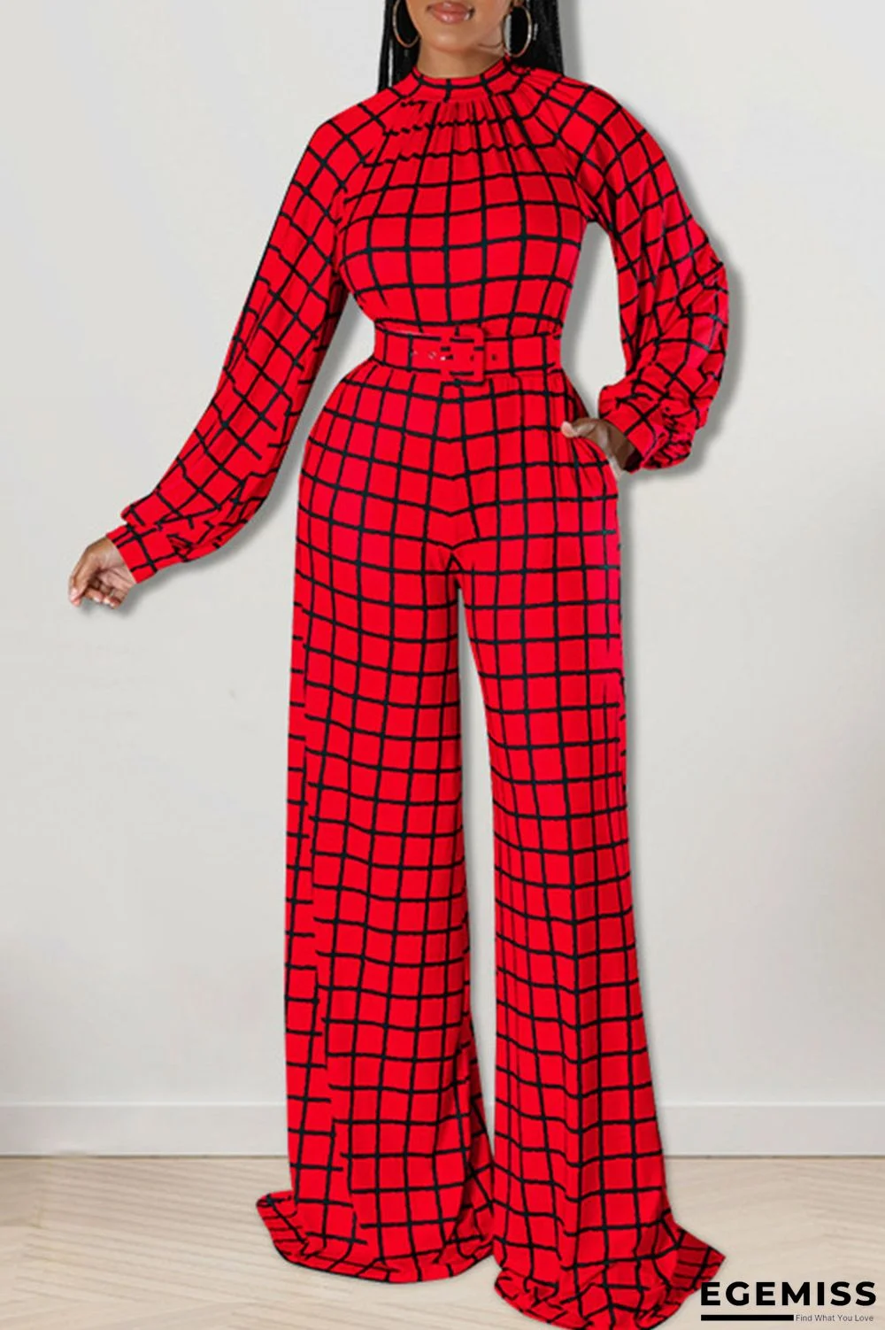 Red Casual Plaid Print Patchwork O Neck Straight Jumpsuits | EGEMISS