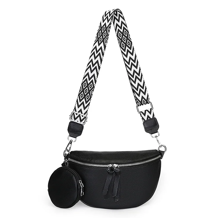 Women Chest Bag First Layer Cowhide Crossbody Bags Waist Pack Belt Bag (Black)