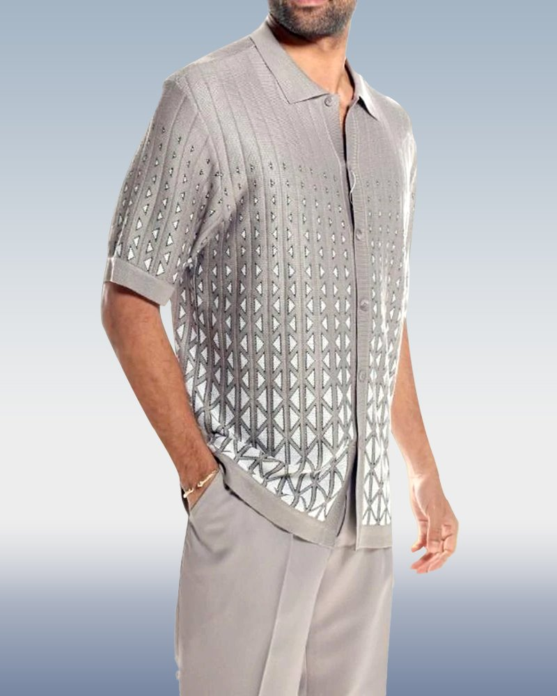 suitmens-Grey Criss Cross Pattern Walking Suit Short Sleeve Set
