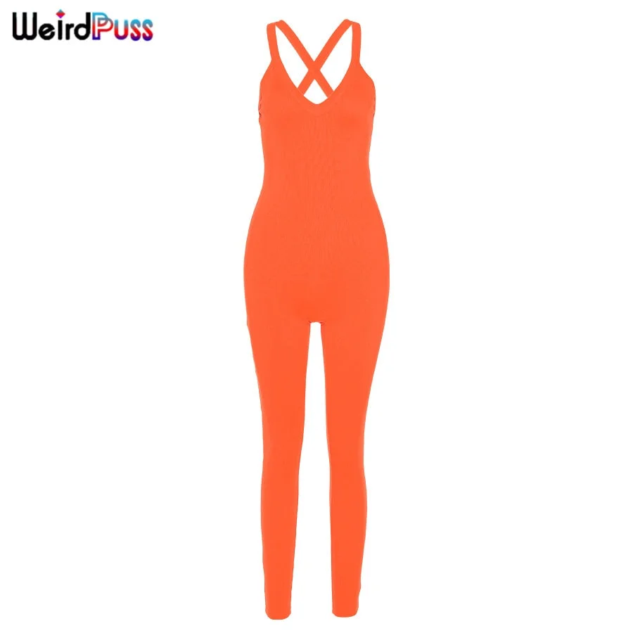 Weird Puss Sexy Strap Jumpsuits Women Knitting Stretchy Overalls Skinny Summer Backless Sporty Fitness Fashion Streetwear Outfit