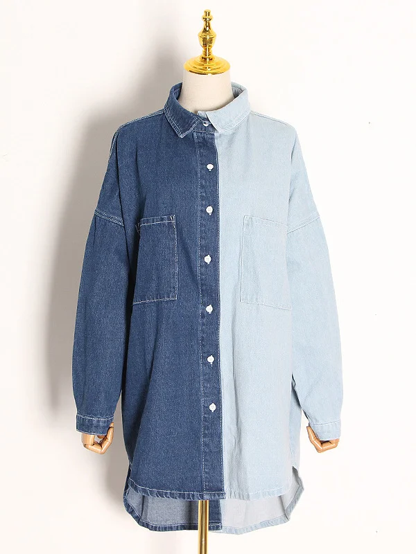 Asymmetric Contrast Color Batwing Sleeve Lapel Denim Blouse Outwear 