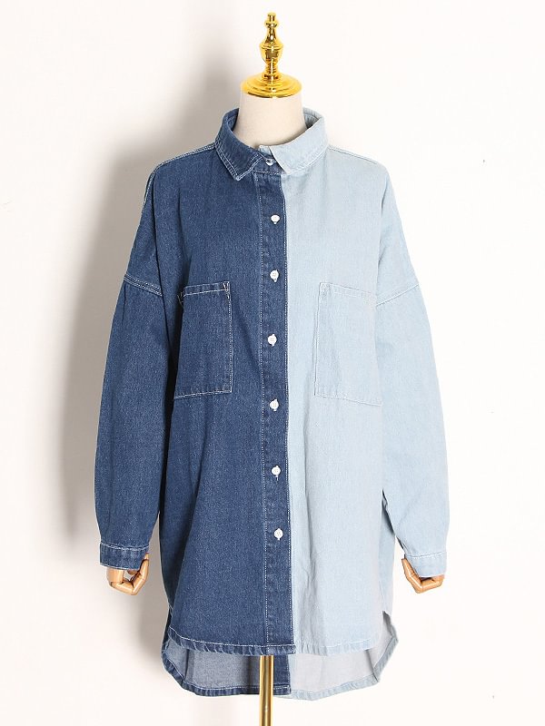 Asymmetric Contrast Color Batwing Sleeve Lapel Denim Blouse Outwear