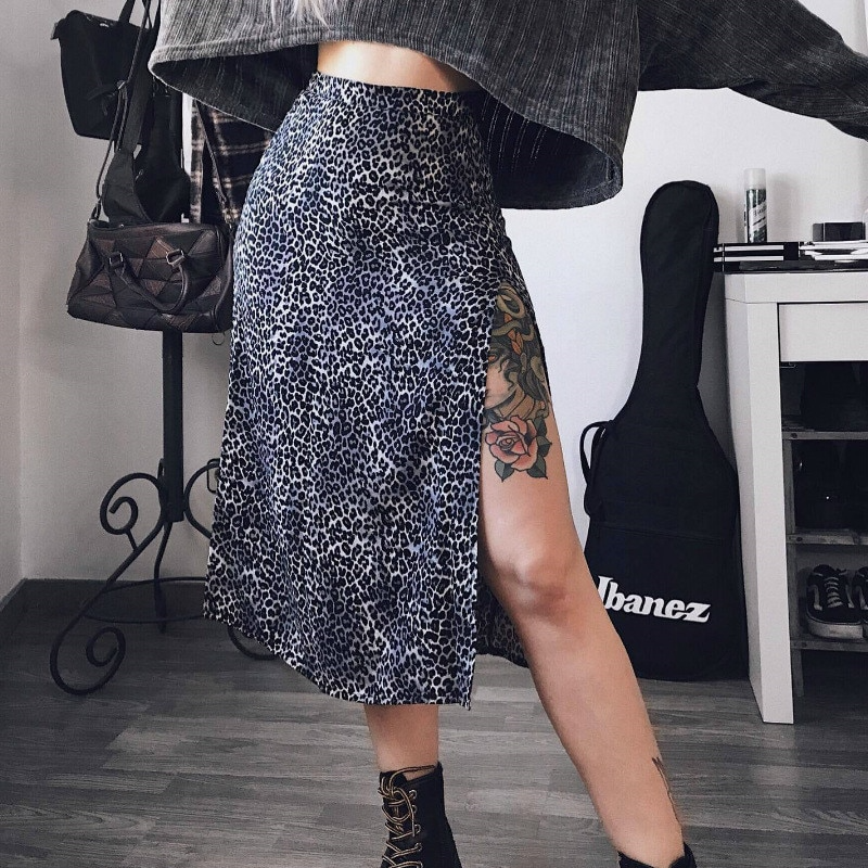 Nukty Midi Skirt Women Leopard Spring Lace Up Slit Bodycon High Waist Drawstring Printed Sexy Skirt Casual Office 2021 Female Skirt Lanfubeisi