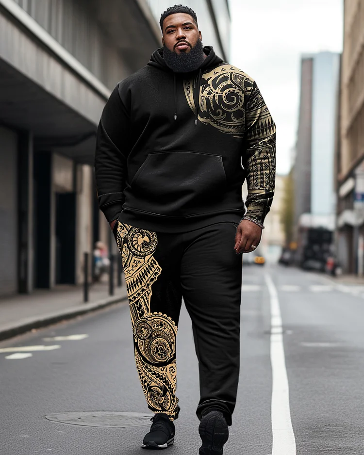 Men's Plus Size Gold Polynesian Unisex Hoodie Set