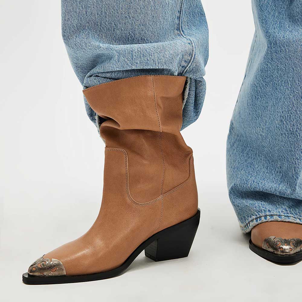 Slouchy Pointed Toe Metallic Accent Mid Calf Boots for Women in Tan Nicepairs