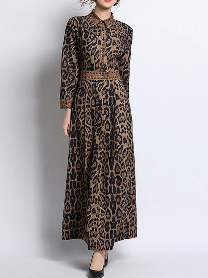 Fashion Leopard Print Lapel Long Sleeve Dress
