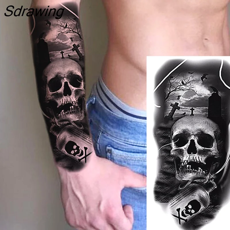 Sdrawing Realistic Black Devil Temporary Tattoos For Men Adult Tiger Pirate Skeleton Vampire Fake Tattoo Forearm Scary Tatoo Joker