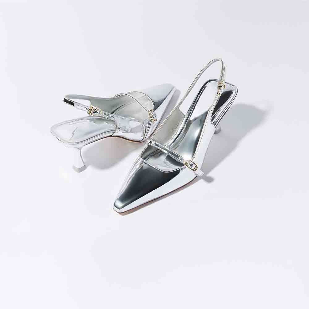 Silver Pointed Toe Kitten Heel Elegant Slingback Pumps for Women Nicepairs