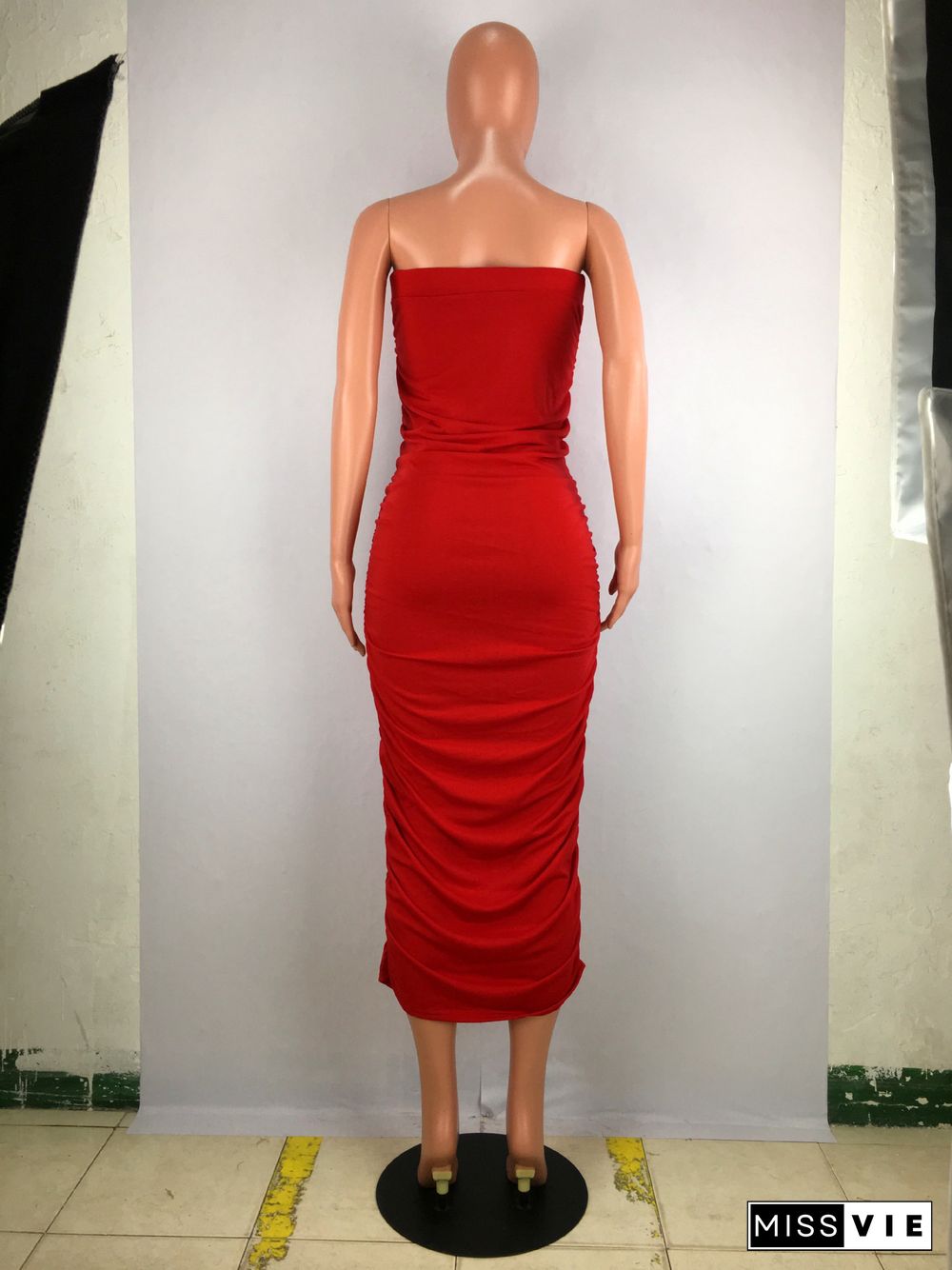 Sexy Solid Color Slim Pleated Strappy Bodycon Dress