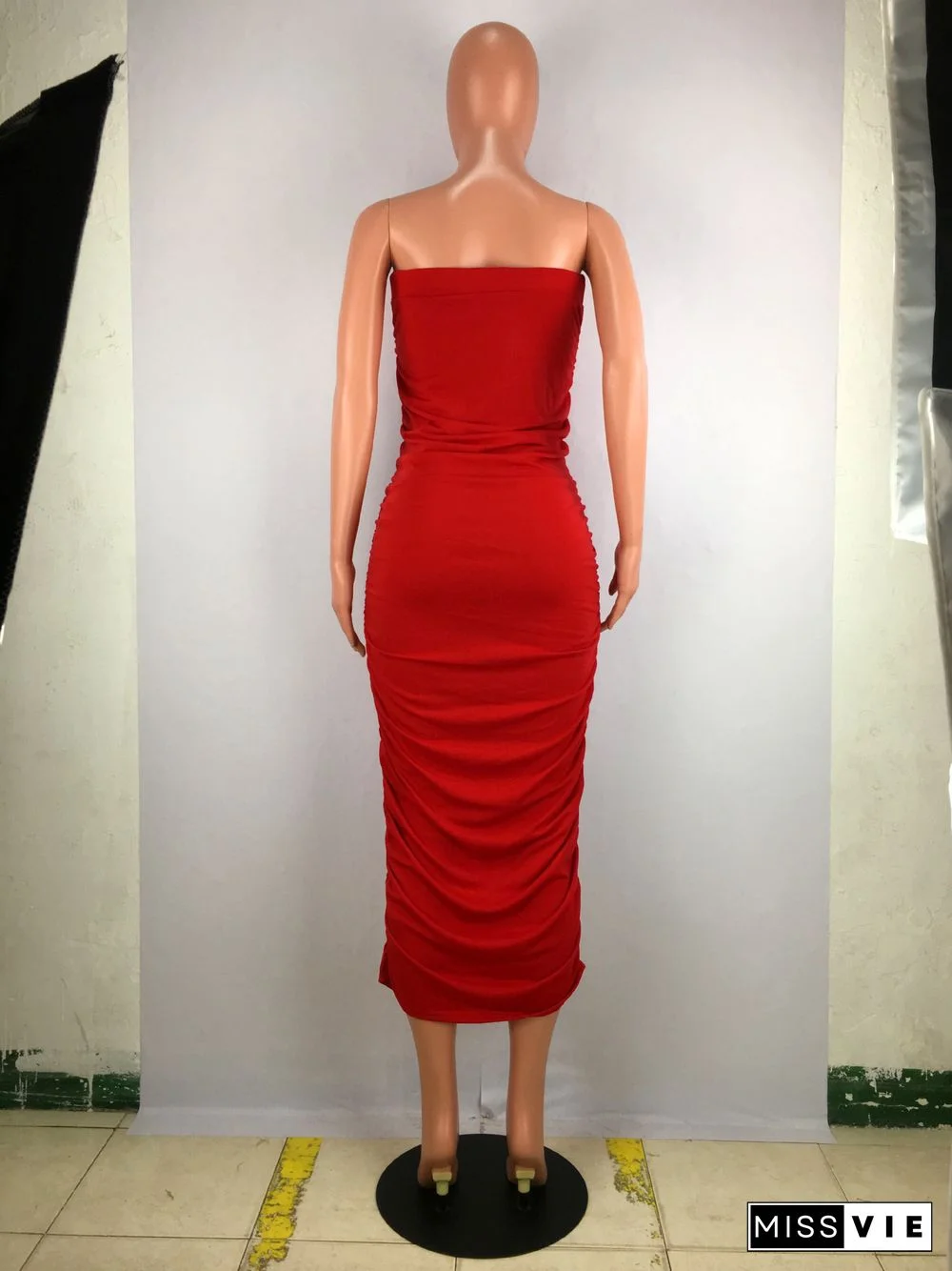 Sexy Solid Color Slim Pleated Strappy Bodycon Dress